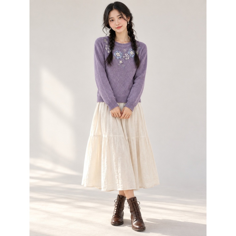 Cottagecore Boho Y2K Vintage Purple Chenille Embroidered Pearl S Petite Sweater